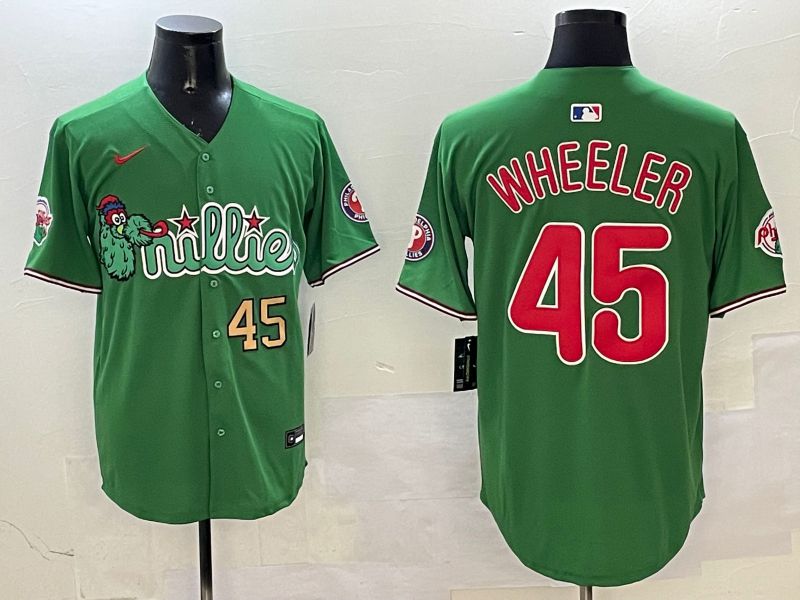 Men Philadelphia Phillies 45 Wheeler Green Three generations Joint Name Game 2025 Nike MLB Jersey style 4